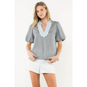 Scallop Trim Puff Sleeve Print Top